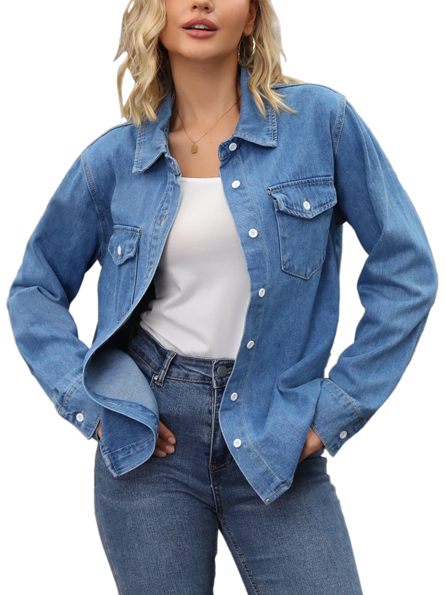 DARING DIVA Women's Button Down Long Sleeve Western Shacket With Pockets S Blue
