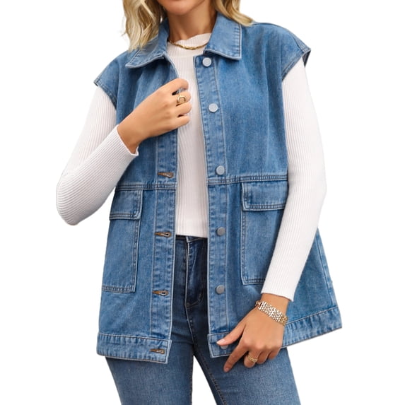DARING DIVA Women's Button Down Oversized Sleeveless Utility Jean Jacket 2XL Blue