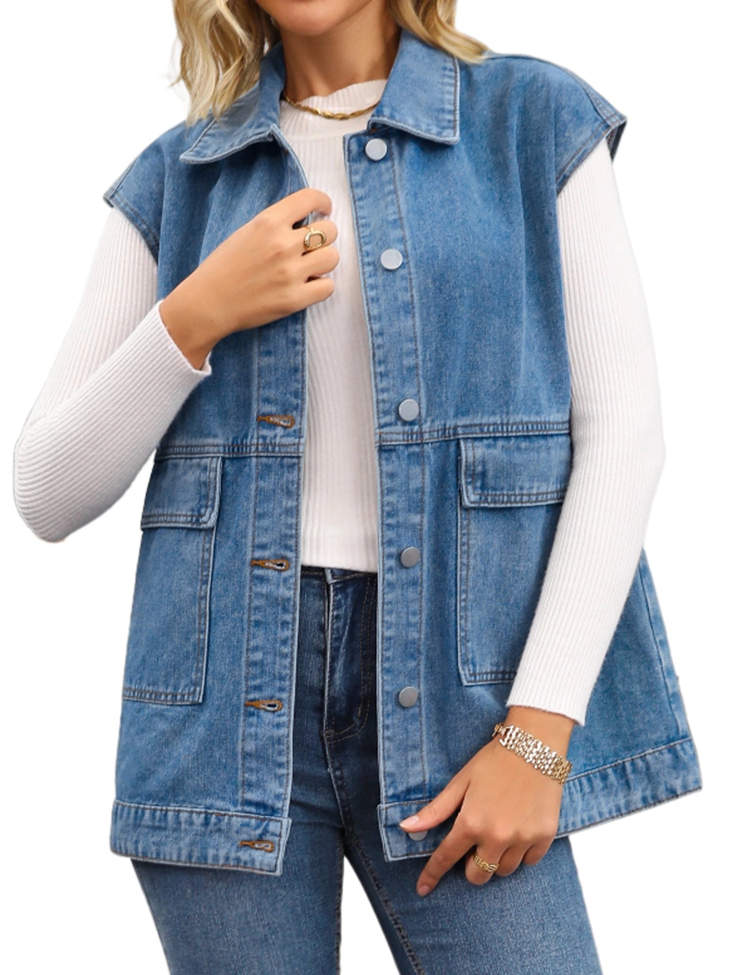 DARING DIVA Women's Button Down Oversized Sleeveless Utility Jean Jacket L Blue