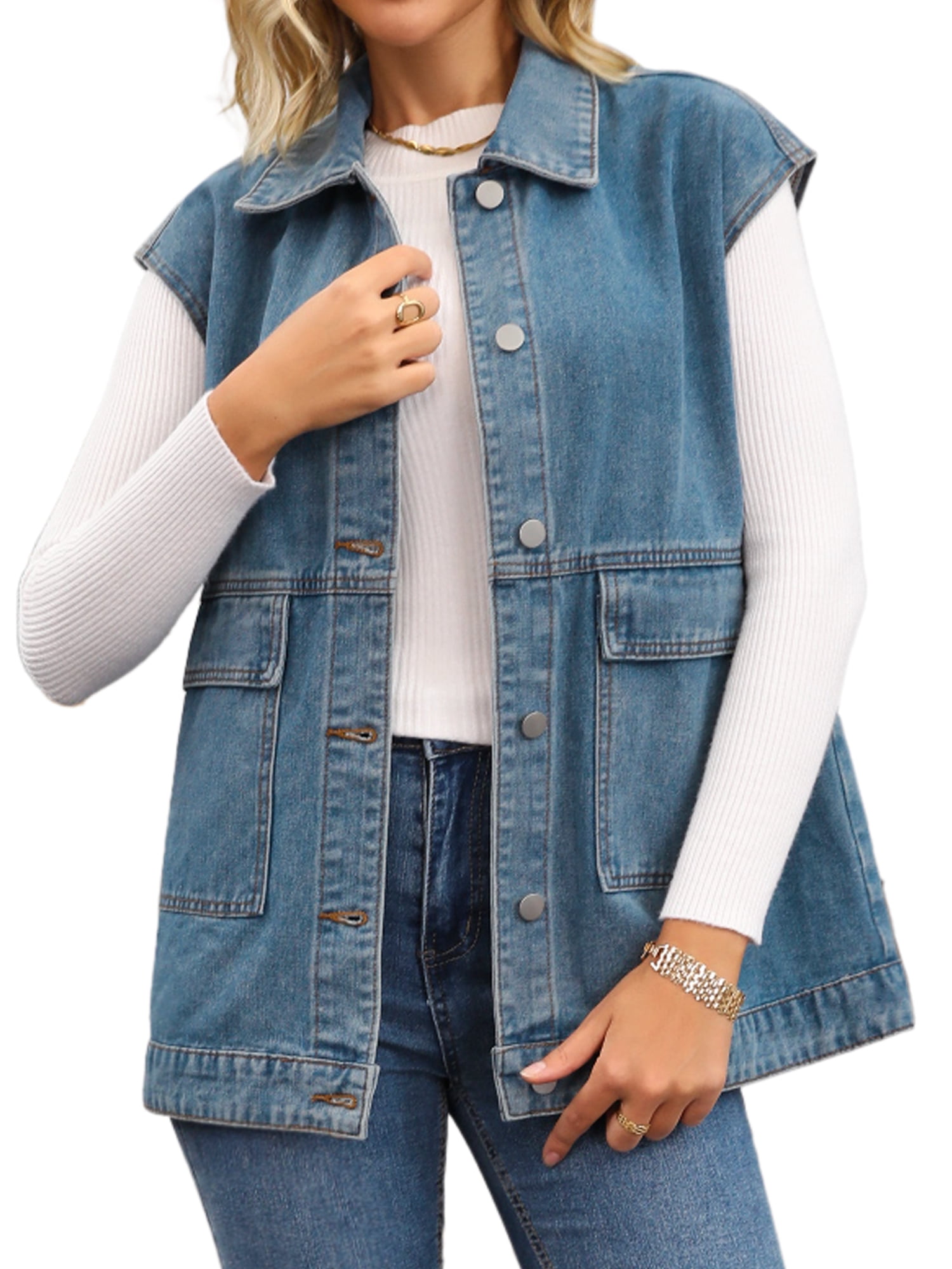 DARING DIVA Women's Button Down Oversized Sleeveless Utility Jean Jacket XL Grey Blue