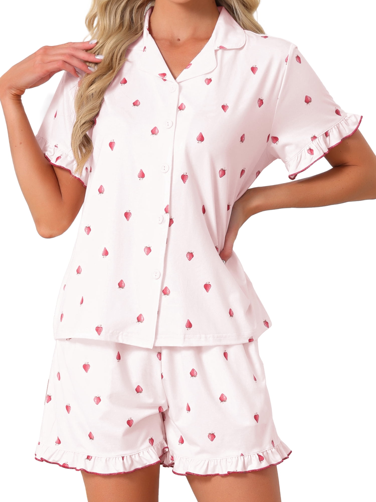 DARING DIVA Women's Button Down Pajama Short Sleeve Printed Top with Shorts 2XL Light Pink
