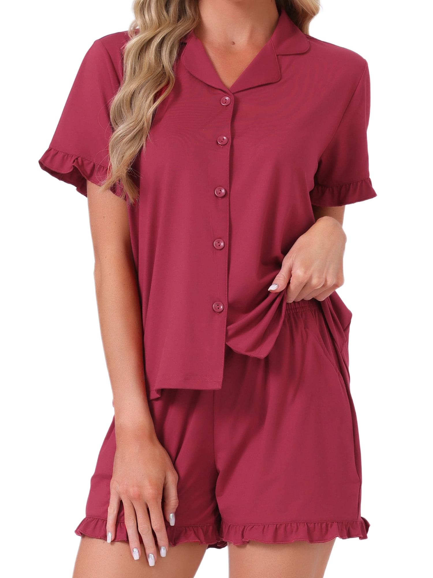 DARING DIVA Women's Button Down Pajama Short Sleeve Printed Top with Shorts L Red