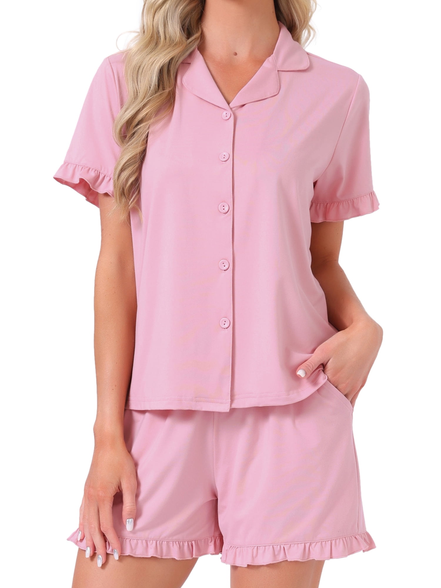 DARING DIVA Women's Button Down Pajama Short Sleeve Printed Top with Shorts M Deep Pink