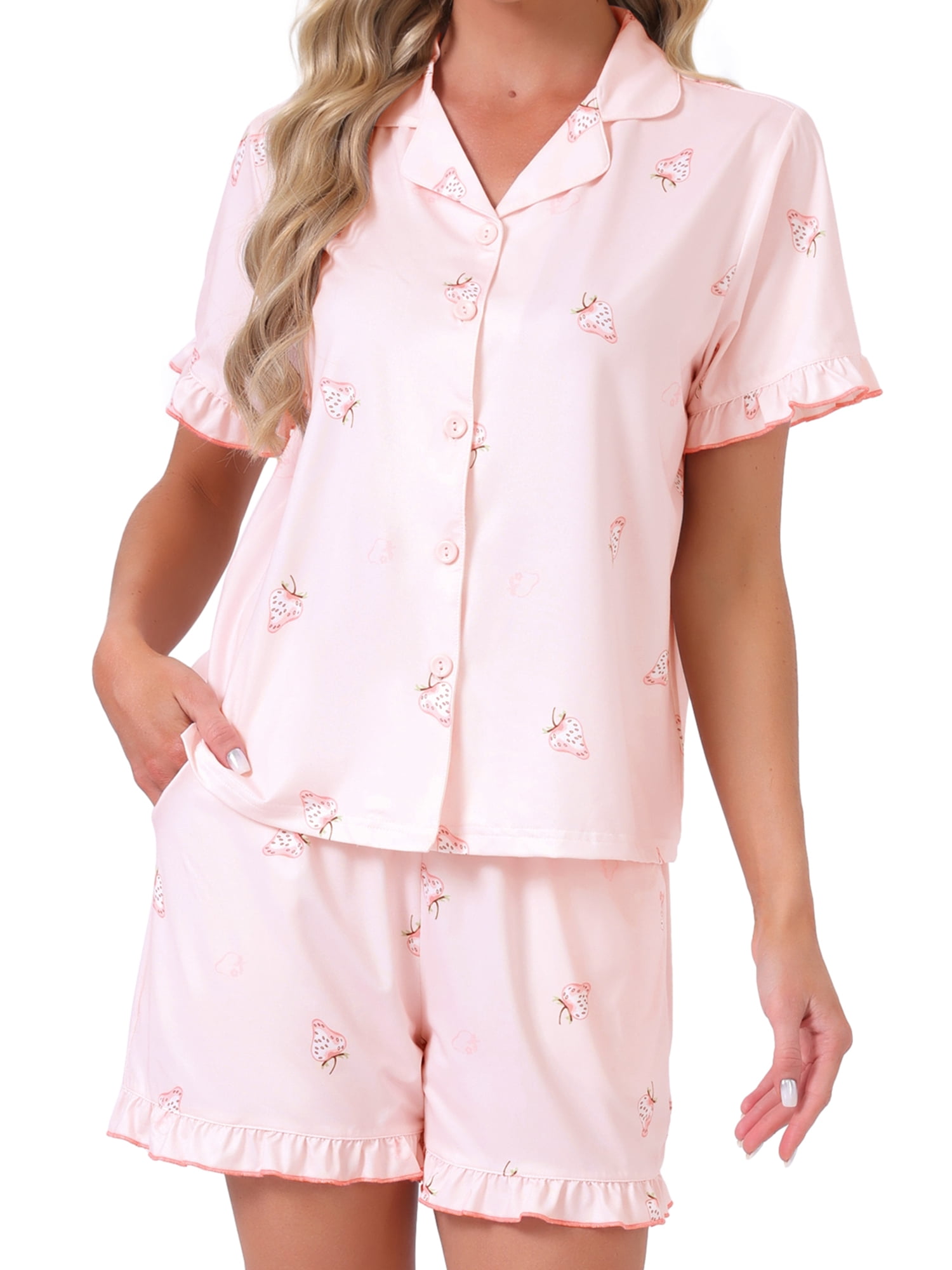 DARING DIVA Women's Button Down Pajama Short Sleeve Printed Top with Shorts XL Beige