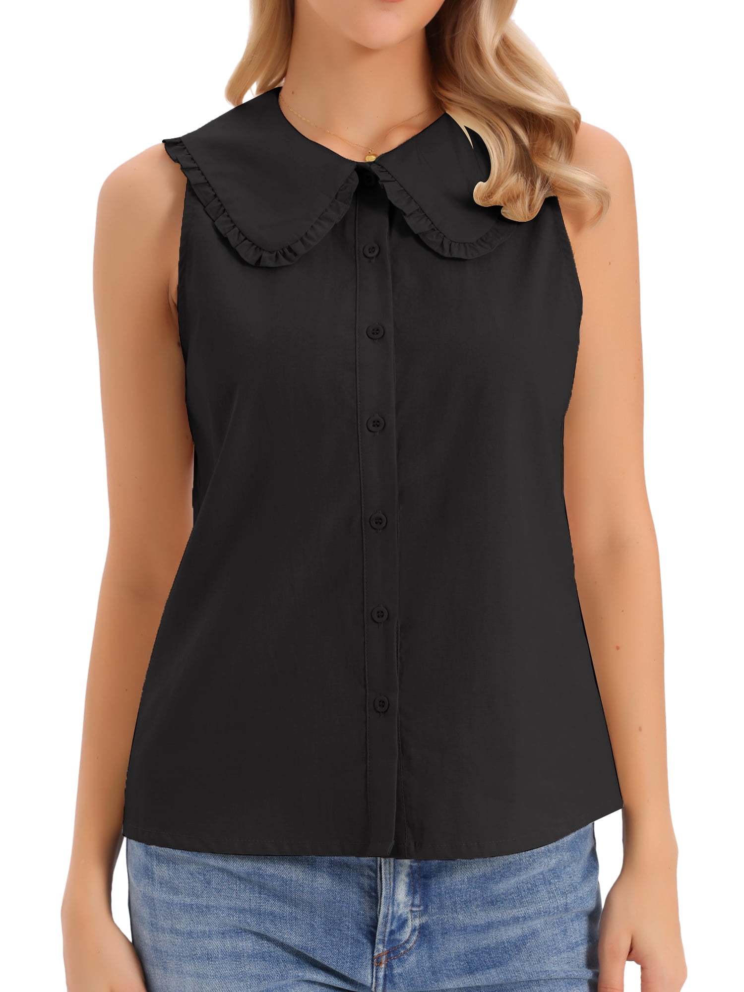 DARING DIVA Women's Button-Down Peter Pan Collar Tank Tops L Black