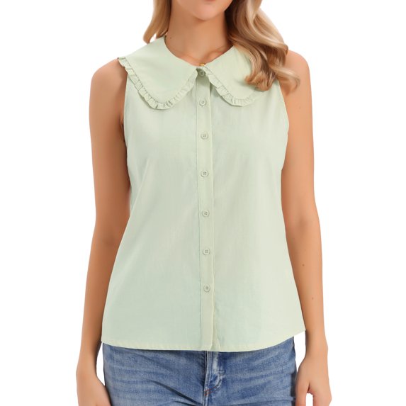 DARING DIVA Women's Button-Down Peter Pan Collar Tank Tops L Green