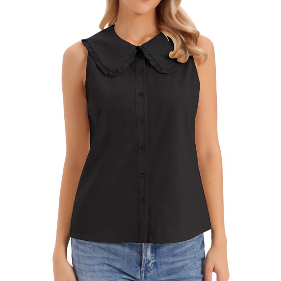 DARING DIVA Women's Button-Down Peter Pan Collar Tank Tops XL Black