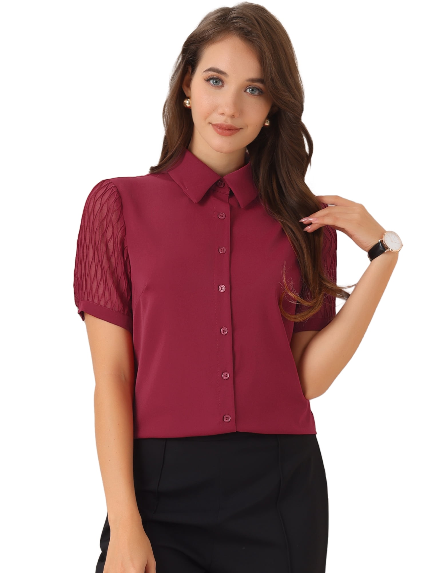 DARING DIVA Women's Button Down Sheer Short Sleeve Point Collar Work Shirt  L Wine Red