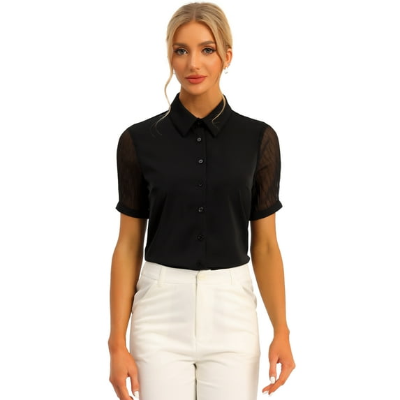 DARING DIVA Women's Button Down Sheer Short Sleeve Point Collar Work Shirt M Black