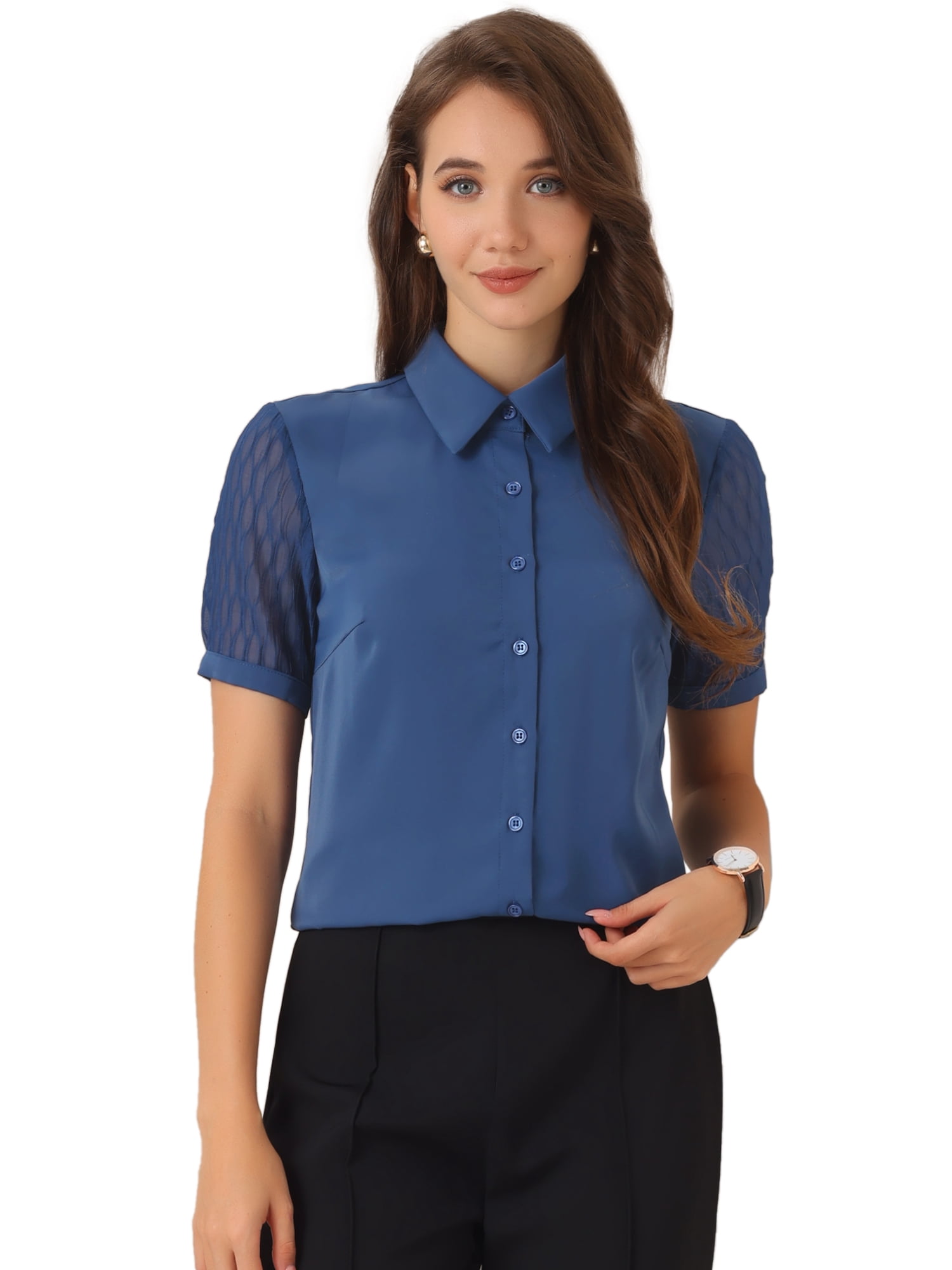 DARING DIVA Women's Button Down Sheer Short Sleeve Point Collar Work Shirt  S Dark Blue
