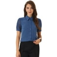 thumbnail image 1 of DARING DIVA Women's Button Down Sheer Short Sleeve Point Collar Work Shirt  S Dark Blue, 1 of 6