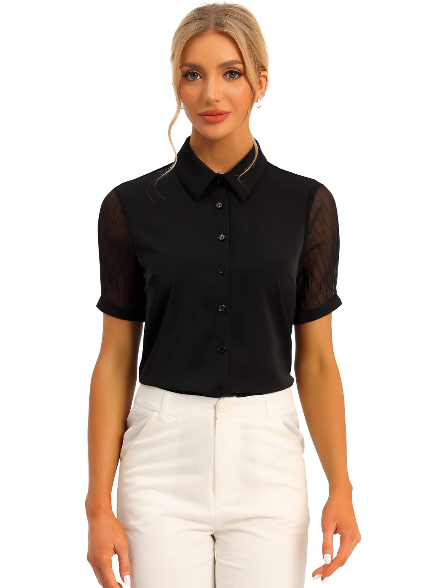 DARING DIVA Women's Button Down Sheer Short Sleeve Point Collar Work Shirt  XL Black