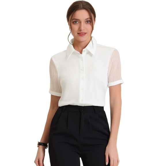 DARING DIVA Women's Button Down Sheer Short Sleeve Point Collar Work Shirt  XS White