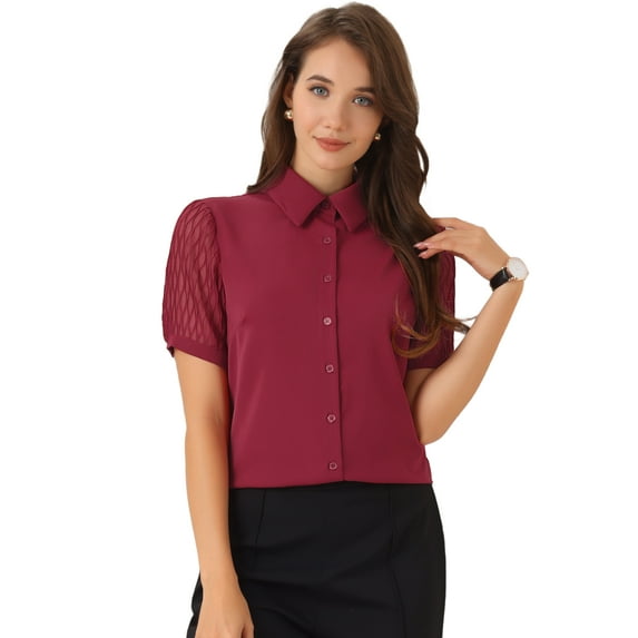 DARING DIVA Women's Button Down Sheer Short Sleeve Point Collar Work Shirt XS Wine Red