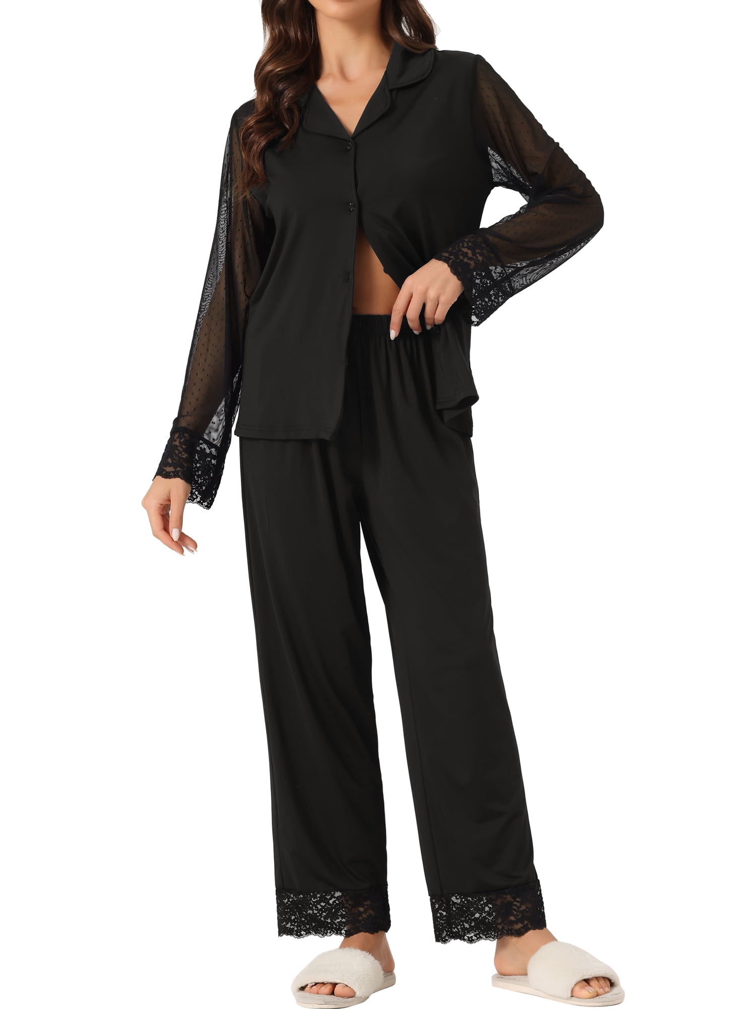 DARING DIVA Women's Button Down Shirt Sheer Mesh Sleeve Long Pants Pajama Set S Black