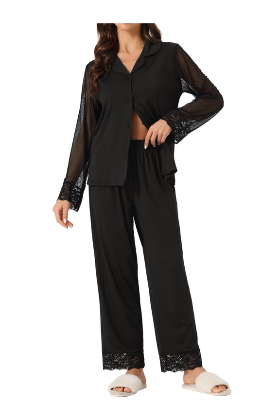 Women's Button Down Shirt Sheer Mesh Sleeve Long Pants Pajama Set S Black