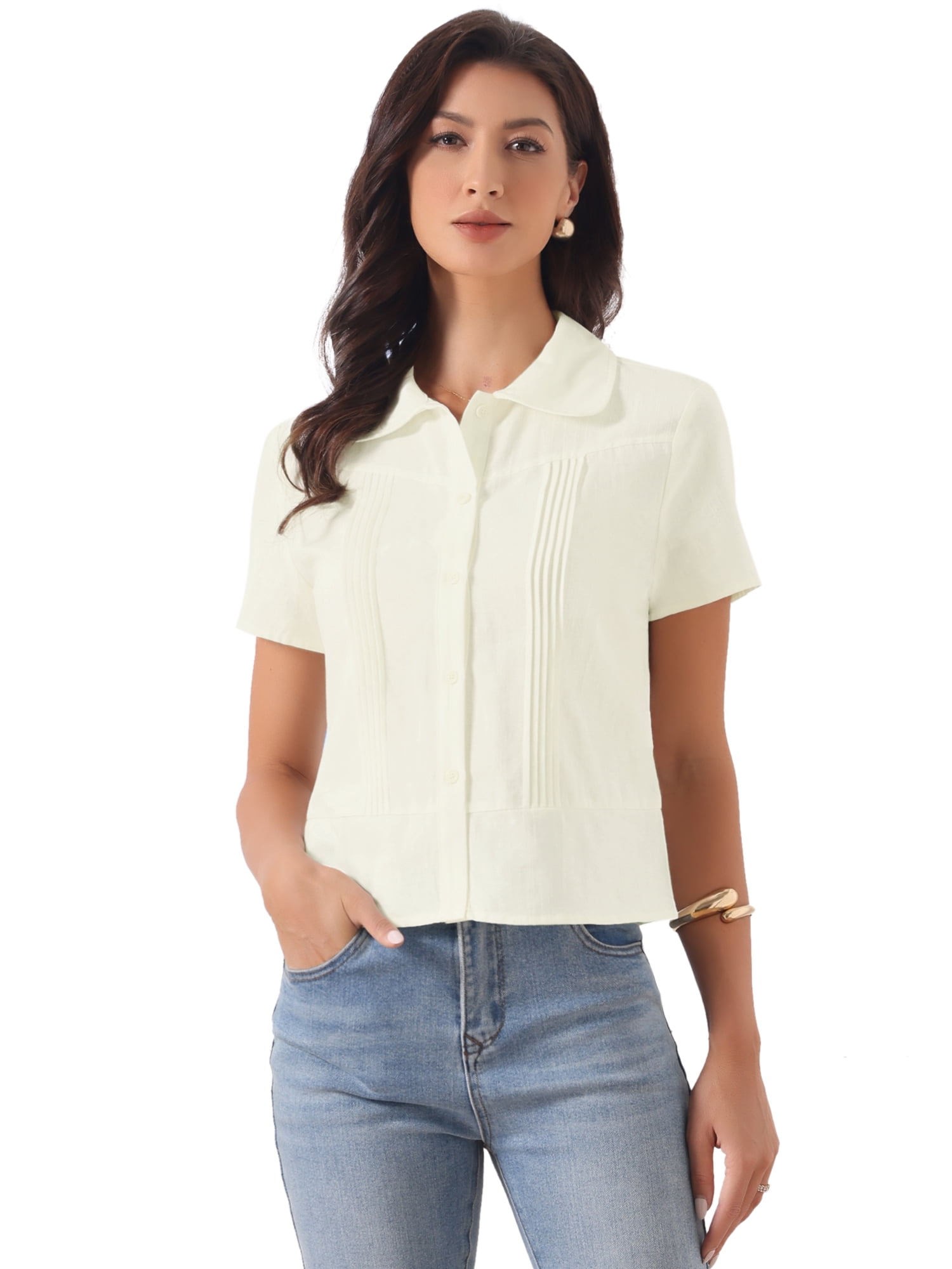 DARING DIVA Women's Button Down Shirt Short Sleeve Collared Neck Work Tops M Beige