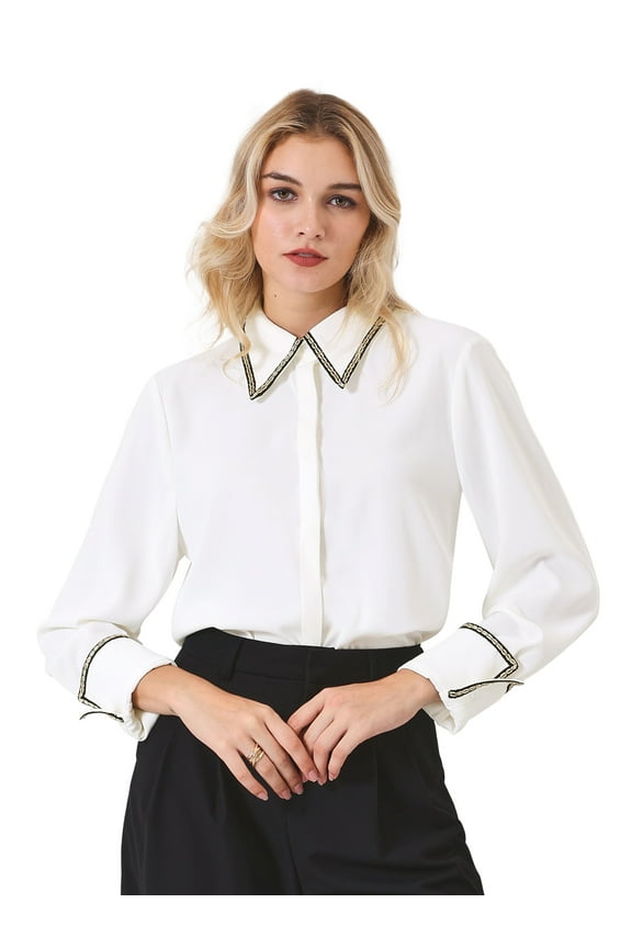 Women's Button Down Shirt Tweed Trim Formal Work Blouse Top 2XL White