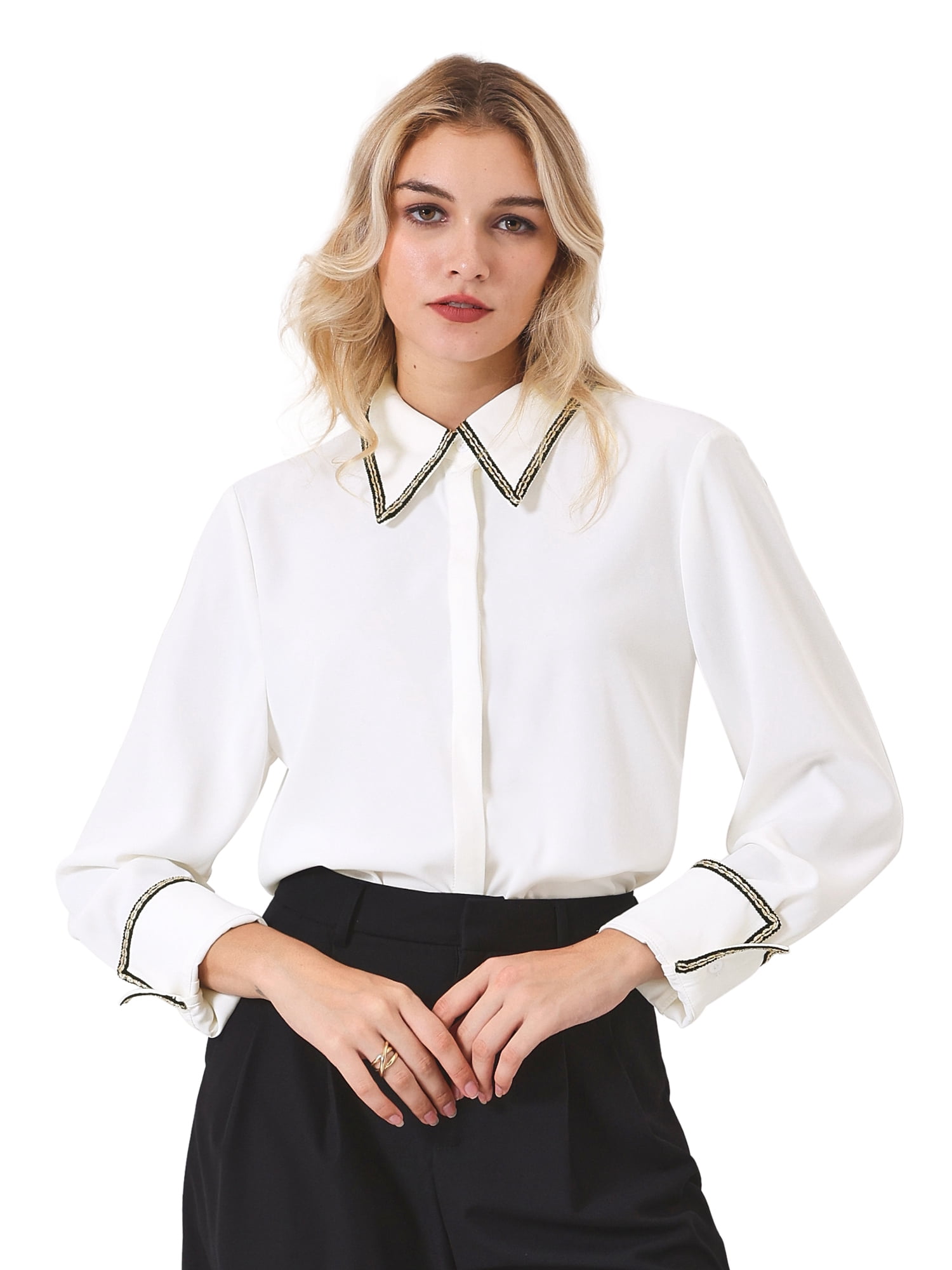 DARING DIVA Women's Button Down Shirt Tweed Trim Formal Work Blouse Top L White