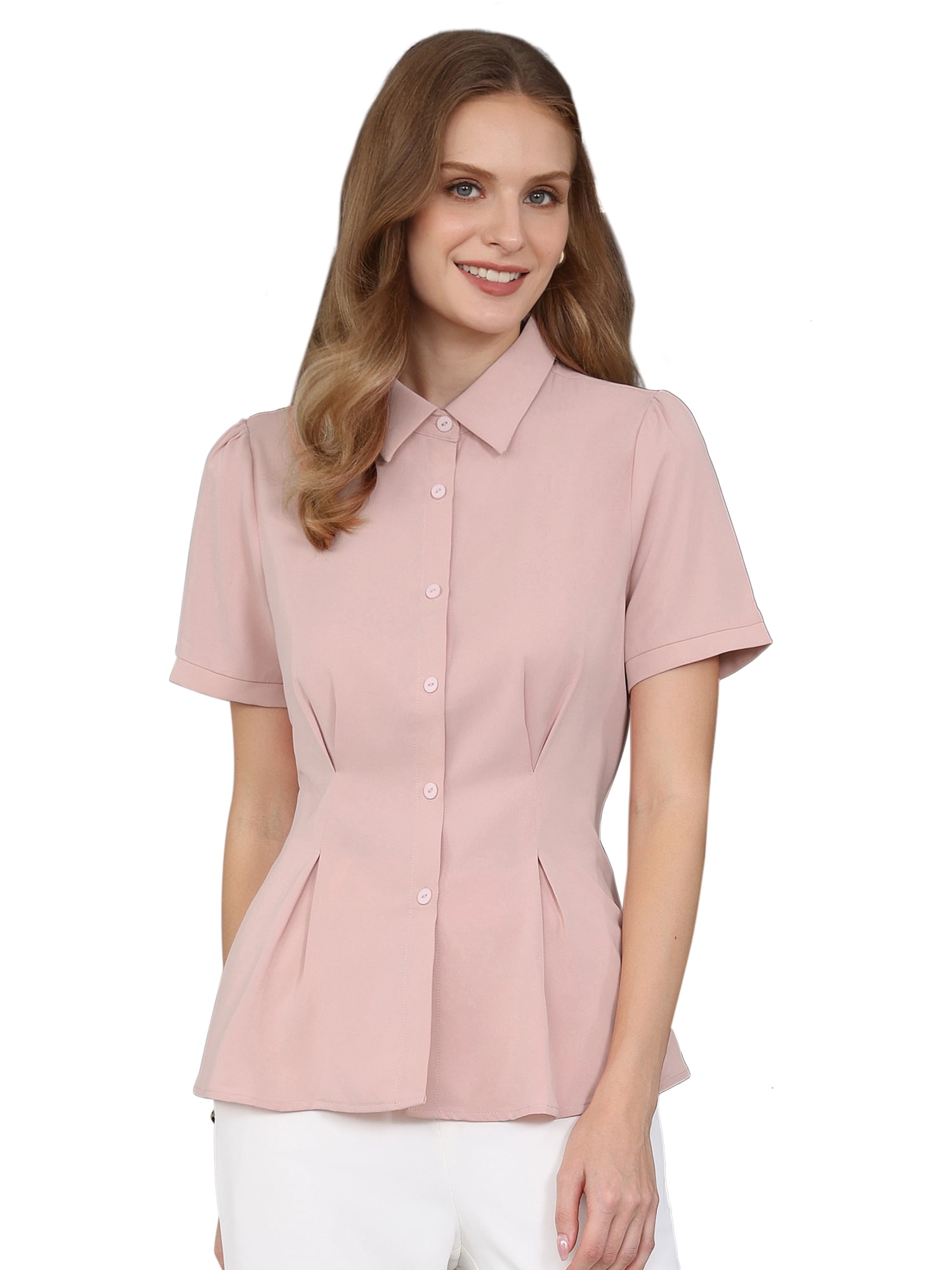 DARING DIVA Women's Button Down Short Sleeve 2026 Summer Pleated Front Blouse L Pink