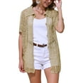 thumbnail image 1 of DARING DIVA Women's Button Down Short Sleeve Crochet Hollow Out Beach Cover Up S Khaki, 1 of 6