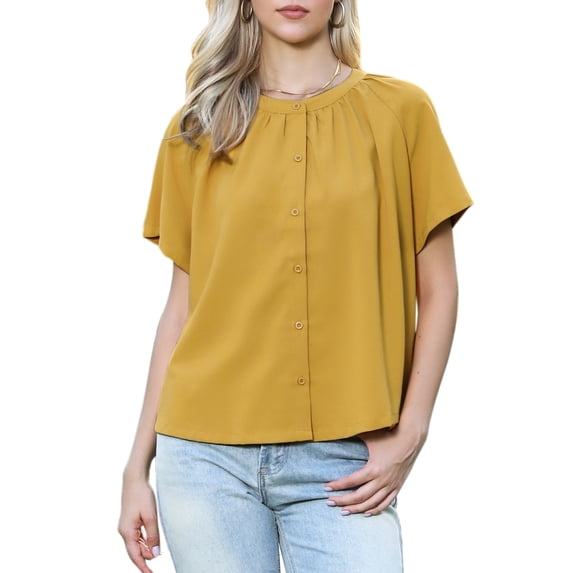 DARING DIVA Women's Button Down Short Sleeve Ruched Neck Summer Shirts M Yellow