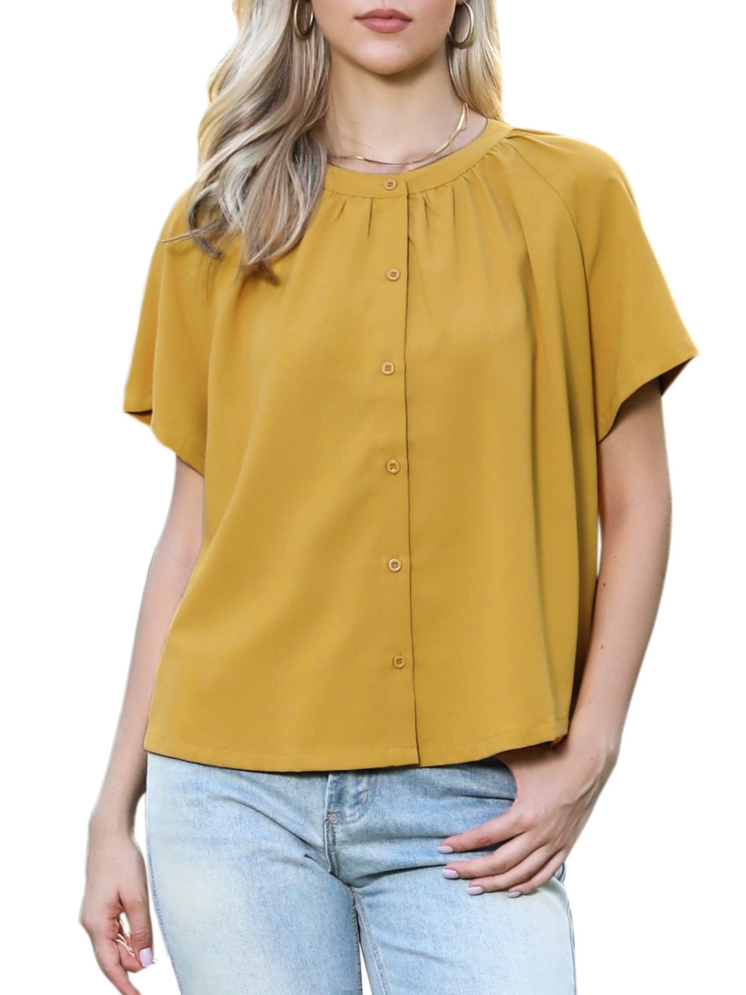 DARING DIVA Women's Button Down Short Sleeve Ruched Neck Summer Shirts S Yellow