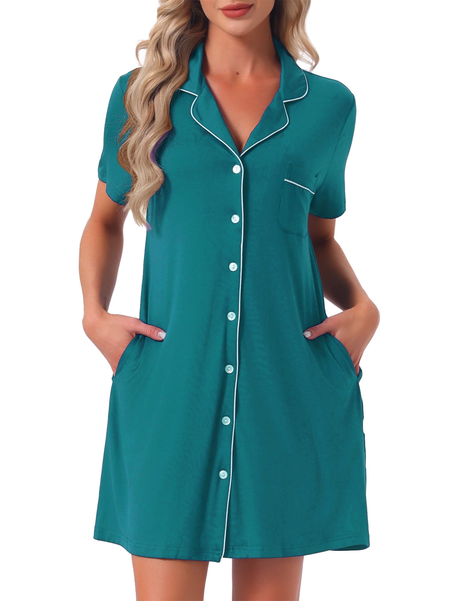 DARING DIVA Women's Button Down Short Sleeve Sleep Shirt with Pockets M Peacock Green