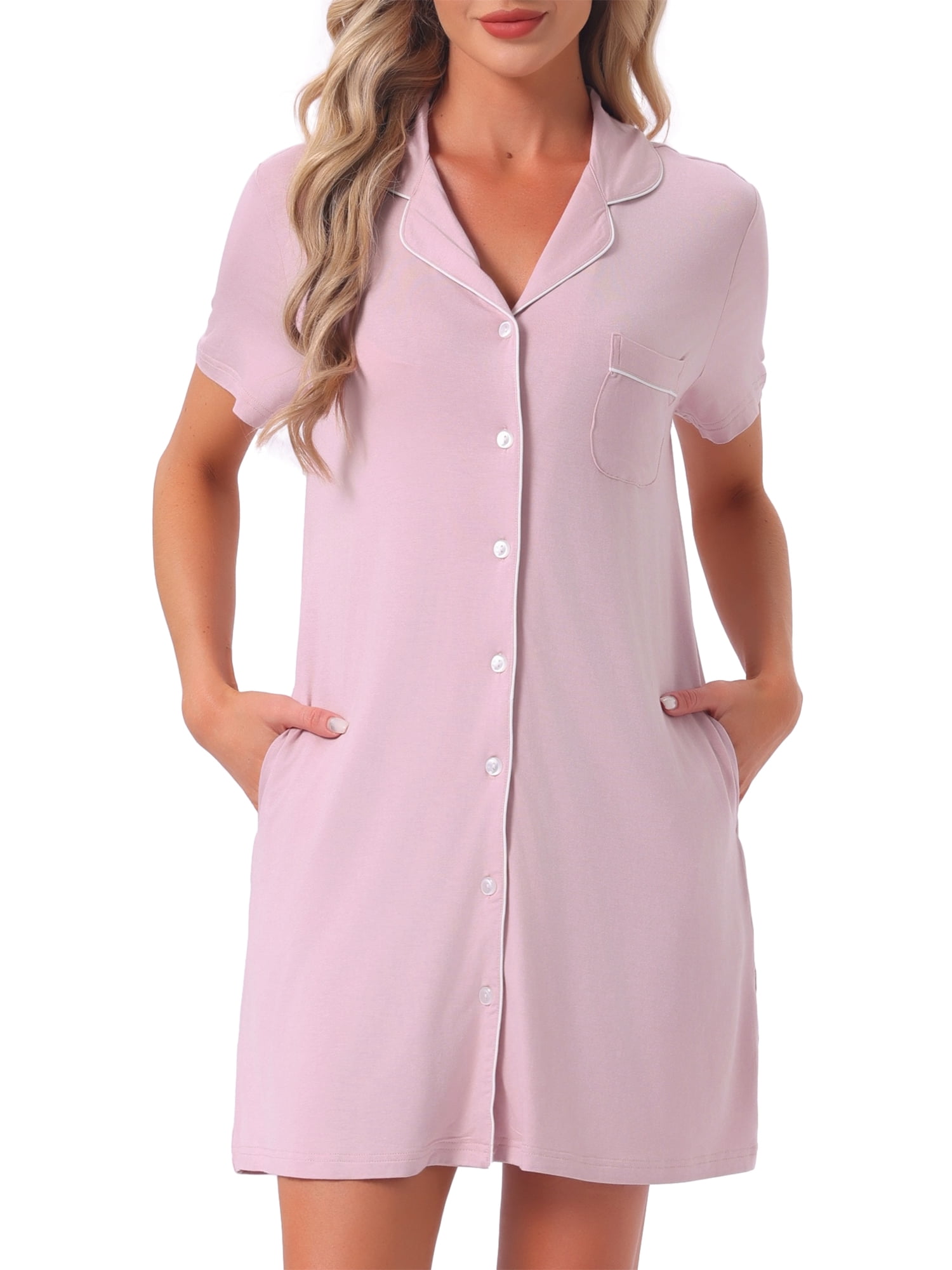DARING DIVA Women's Button Down Short Sleeve Sleep Shirt with Pockets S Pink