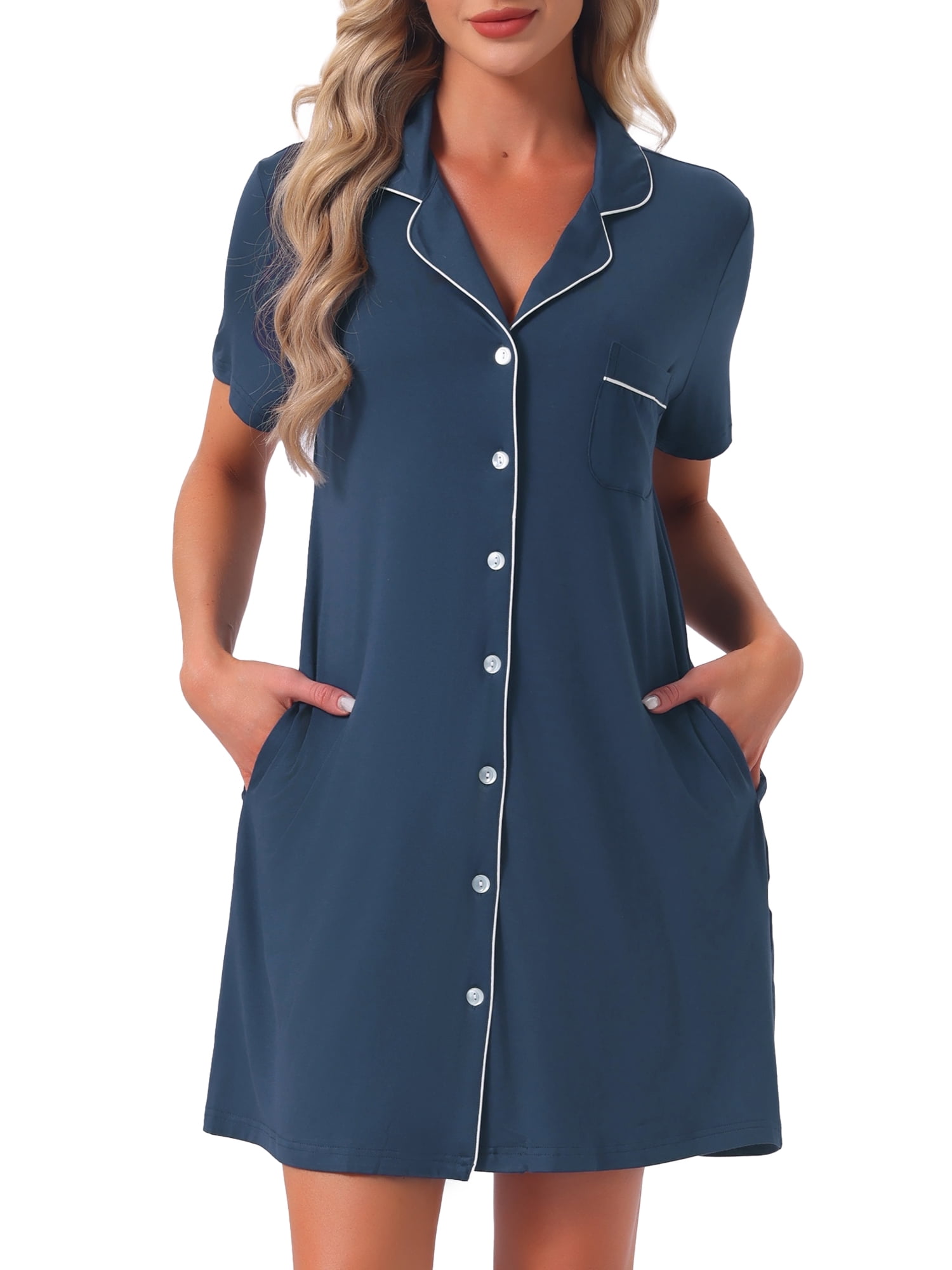 DARING DIVA Women's Button Down Short Sleeve Sleep Shirt with Pockets XL Blue