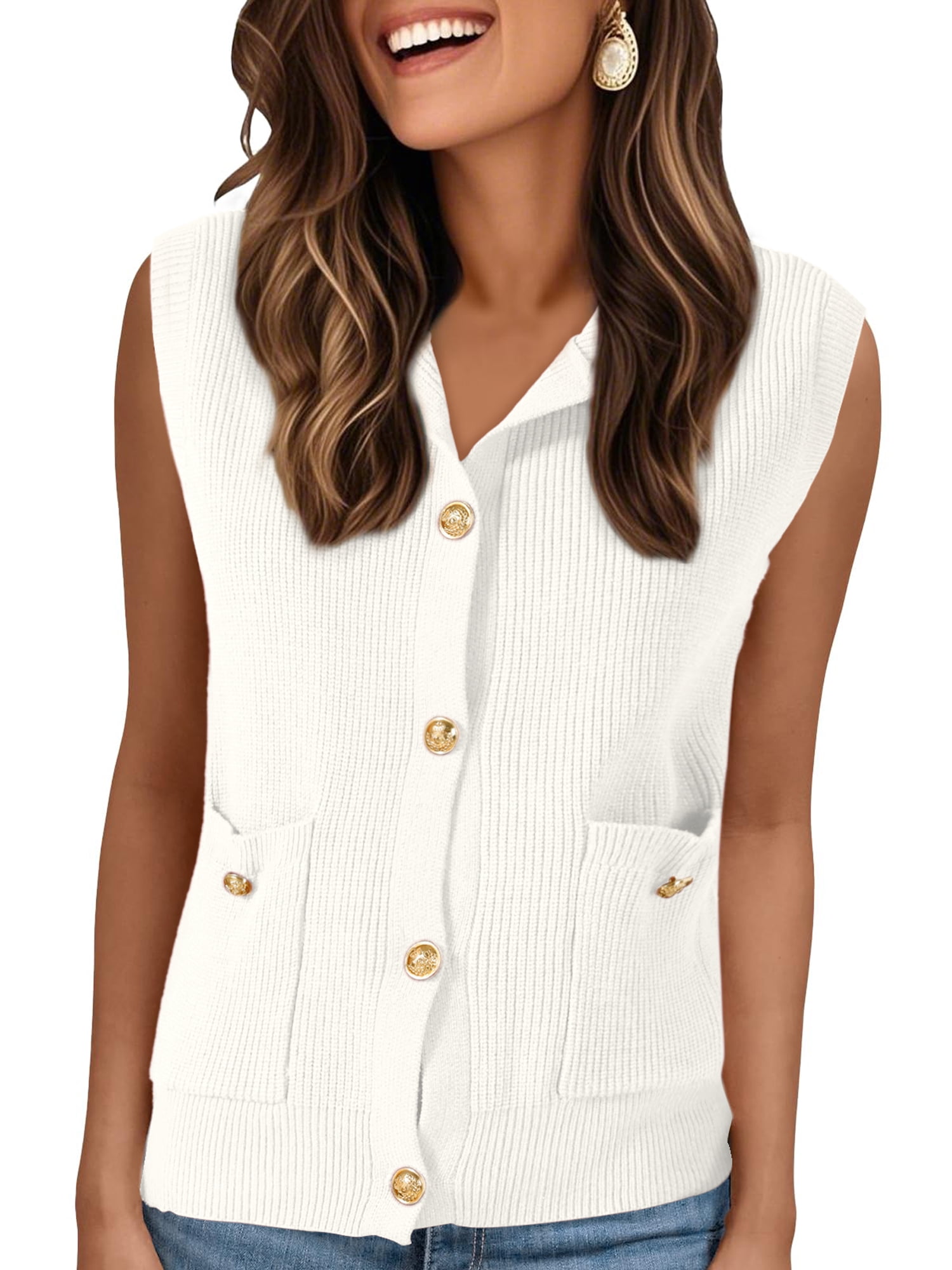 DARING DIVA Women's Button Down Sleeveless Casual Knit Tank Tops L White