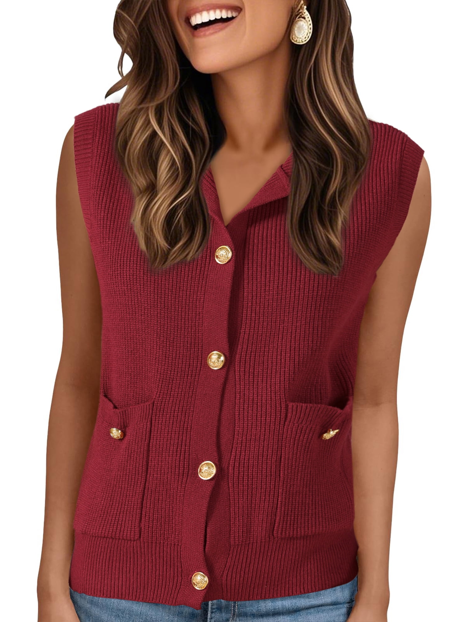 DARING DIVA Women's Button Down Sleeveless Casual Knit Tank Tops M Wine Red