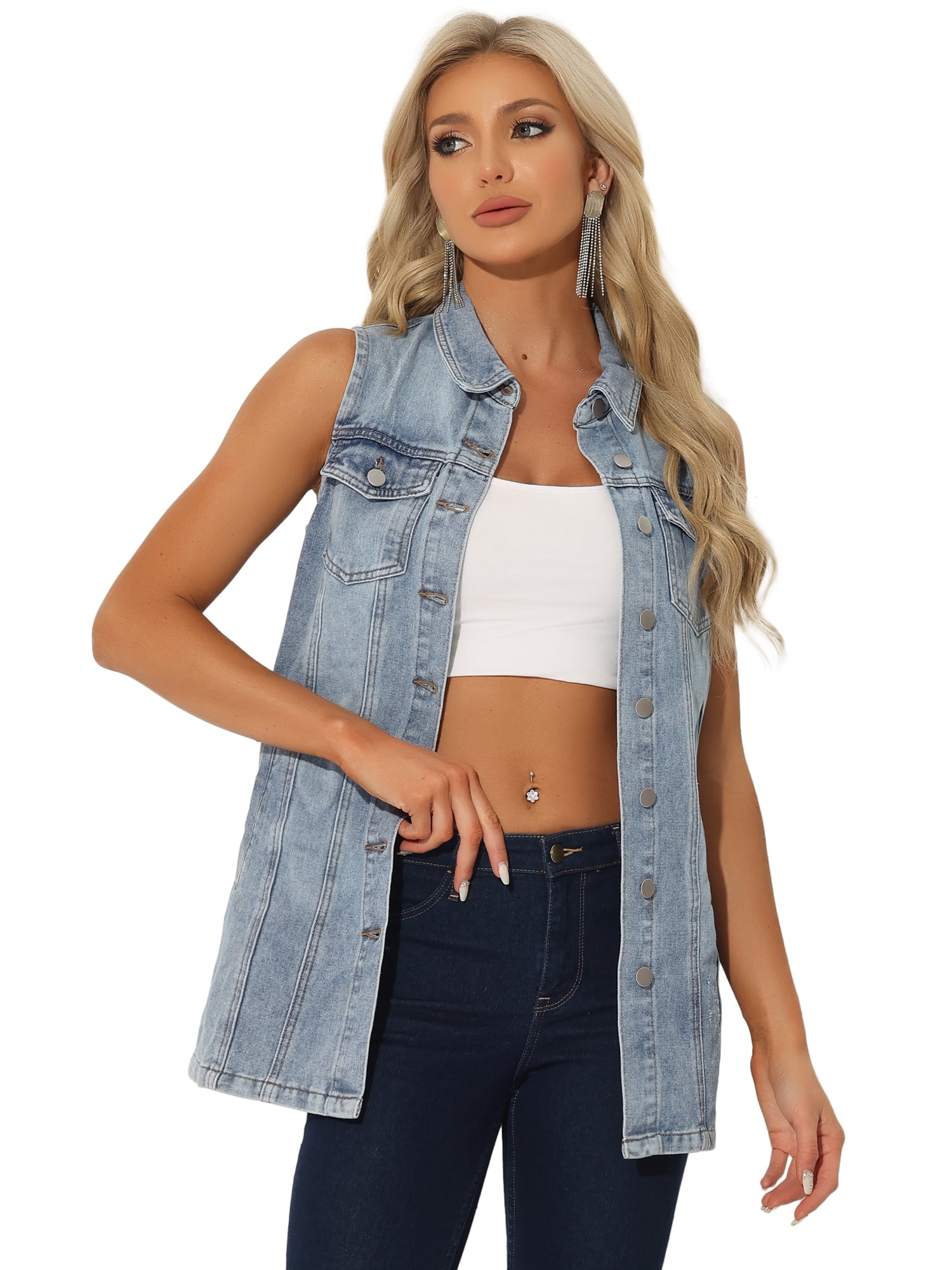 DARING DIVA Women's Button Down Sleeveless Pockets Mid-Long Denim Vest M Grey Blue