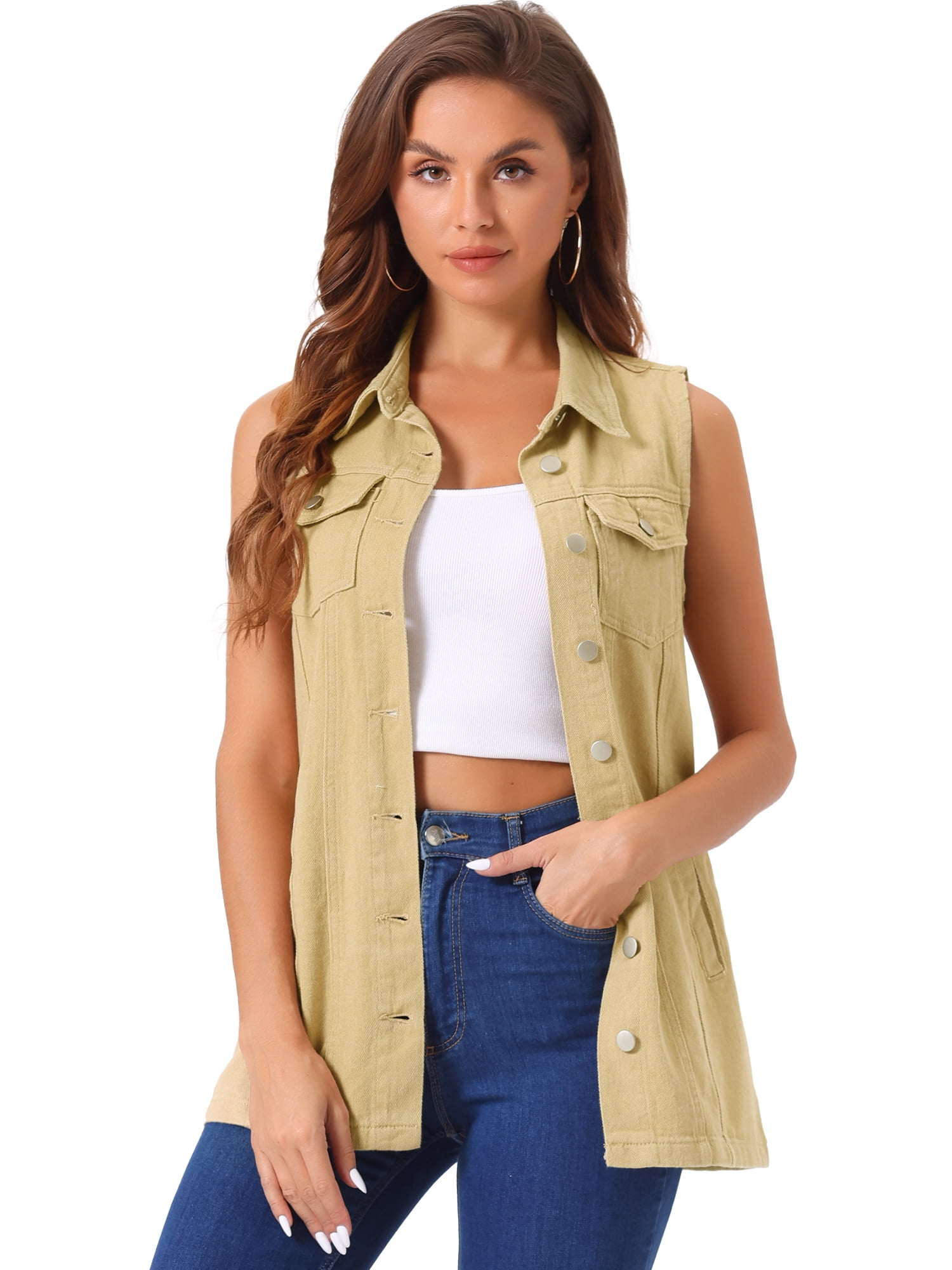 DARING DIVA Women's Button Down Sleeveless Pockets Mid-Long Denim Vest M Khaki