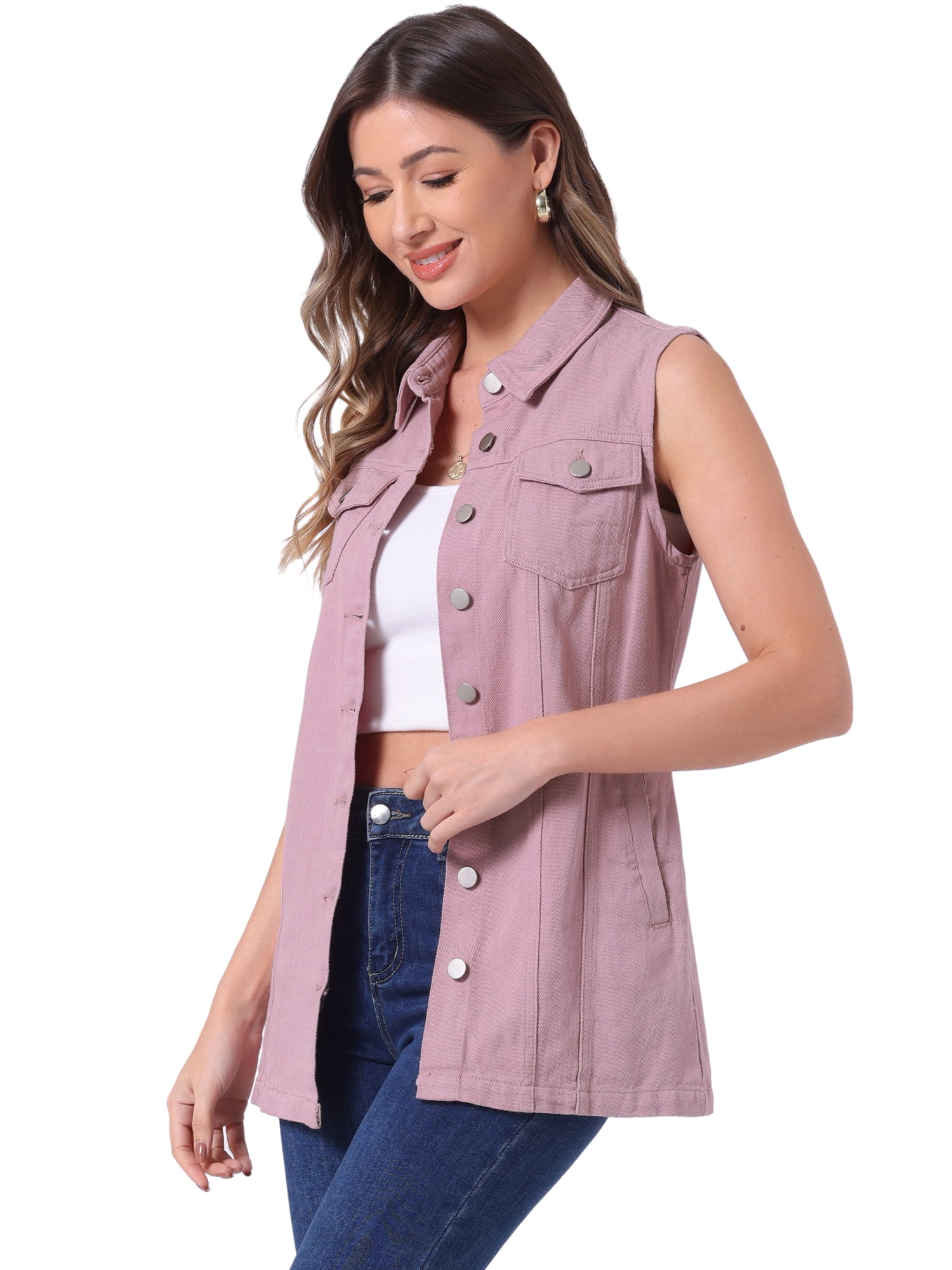 DARING DIVA Women's Button Down Sleeveless Pockets Mid-Long Denim Vest M Pink