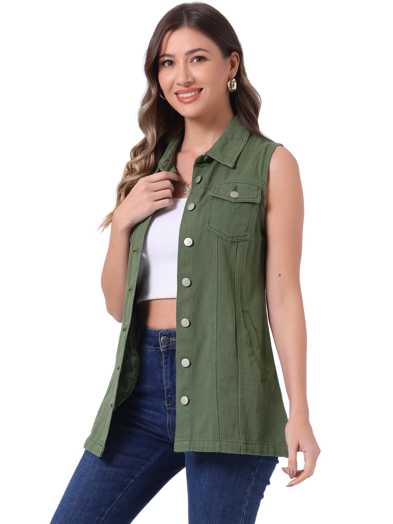 DARING DIVA Women's Button Down Sleeveless Pockets Mid-Long Denim Vest S Army Green