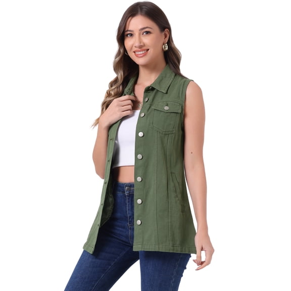 DARING DIVA Women's Button Down Sleeveless Pockets Mid-Long Denim Vest S Army Green