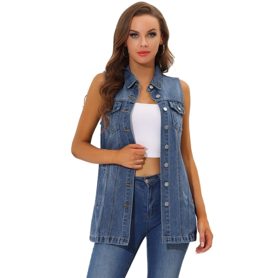 DARING DIVA Women's Button Down Sleeveless Pockets Mid-Long Denim Vest S Blue