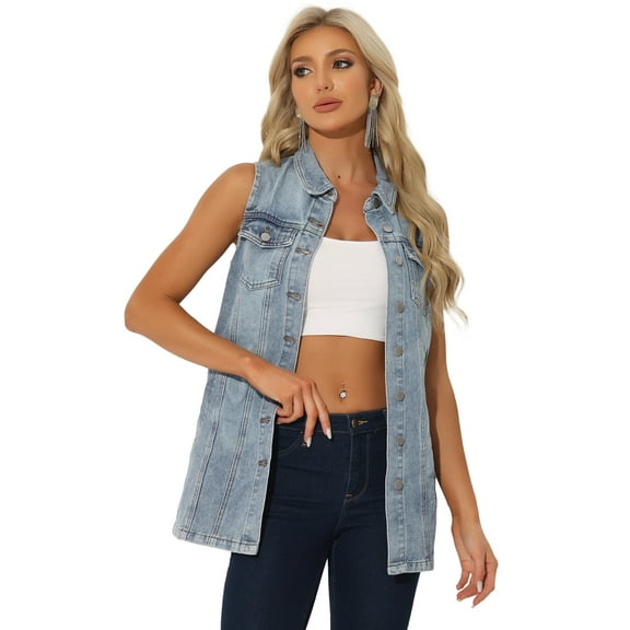 DARING DIVA Women's Button Down Sleeveless Pockets Mid-Long Denim Vest S Grey Blue