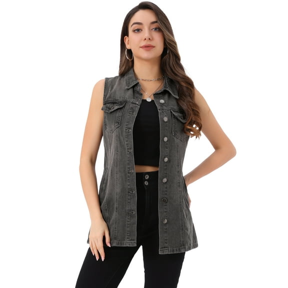 DARING DIVA Women's Button Down Sleeveless Pockets Mid-Long Denim Vest S Grey