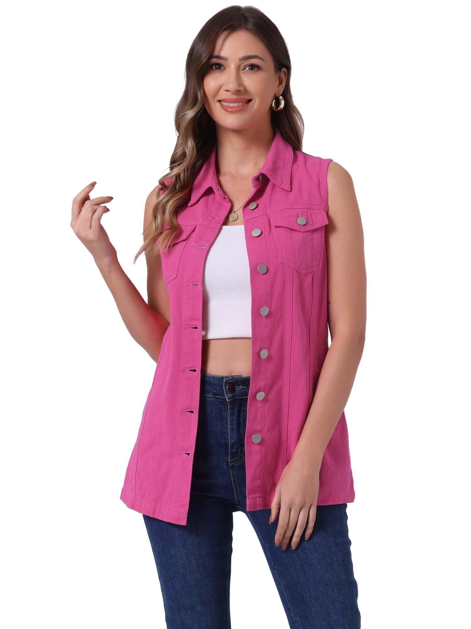 DARING DIVA Women's Button Down Sleeveless Pockets Mid-Long Denim Vest S Hot Pink