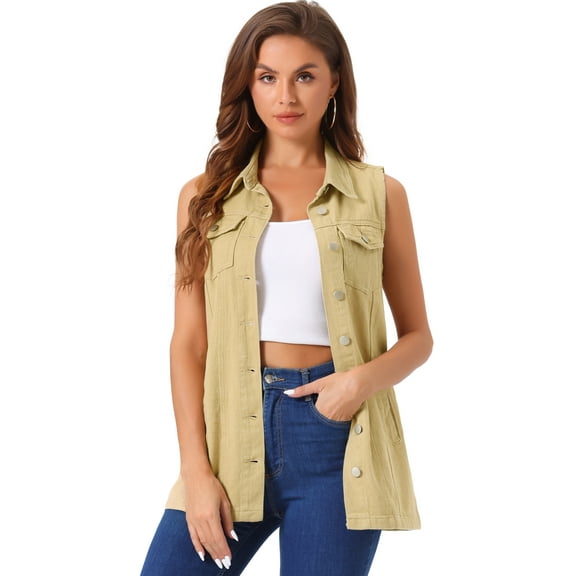 DARING DIVA Women's Button Down Sleeveless Pockets Mid-Long Denim Vest S Khaki