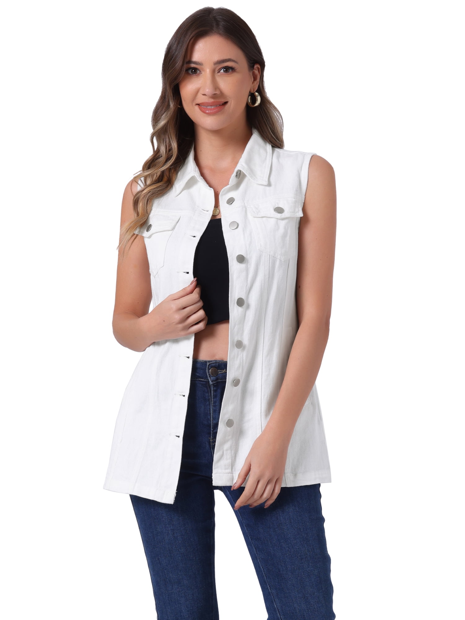 DARING DIVA Women's Button Down Sleeveless Pockets Mid-Long Denim Vest S White