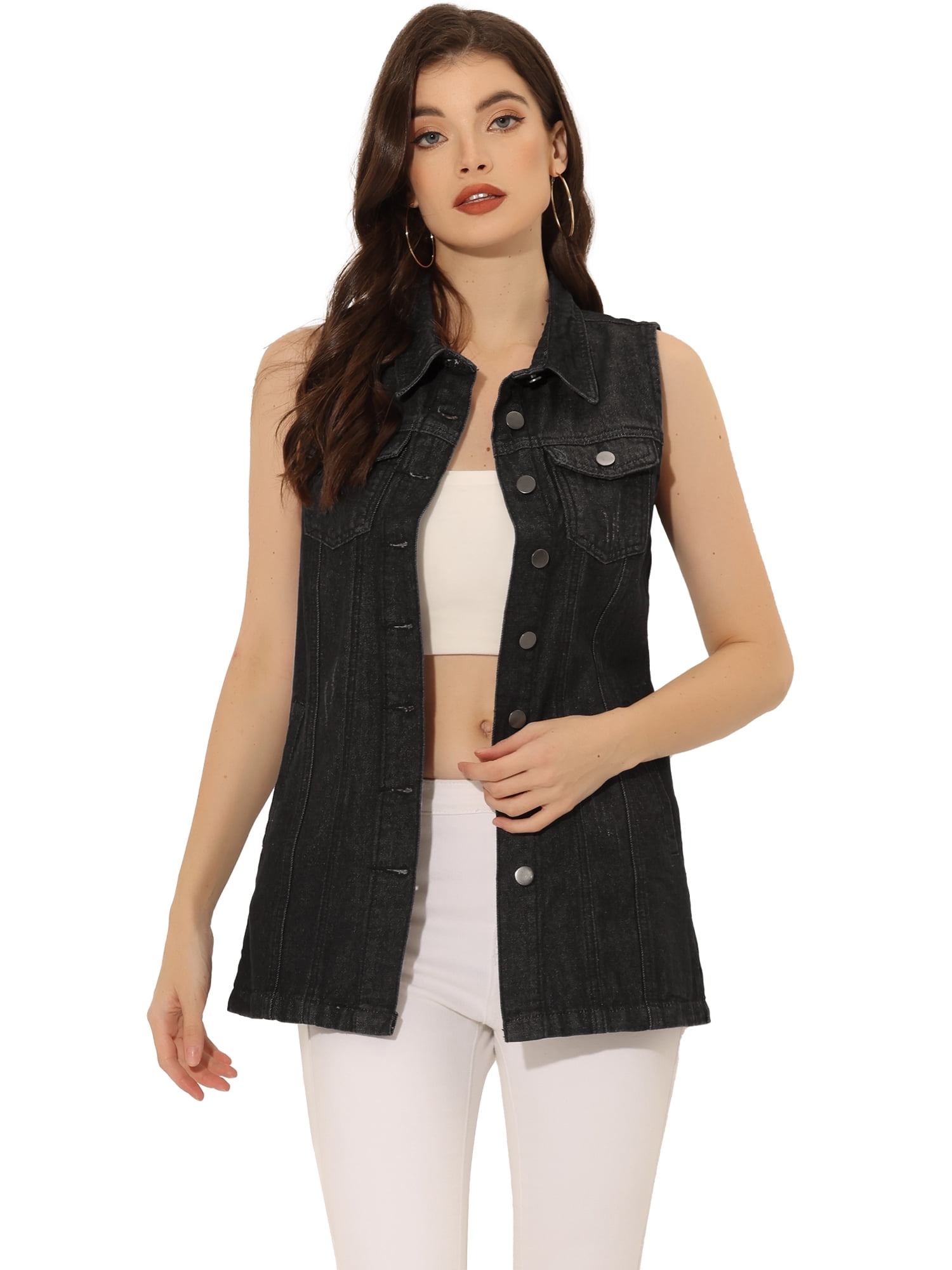 DARING DIVA Women's Button Down Sleeveless Pockets Mid-Long Denim Vest XL Black