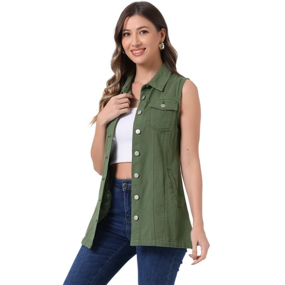 DARING DIVA Women's Button Down Sleeveless Pockets Mid-Long Denim Vest XS Army Green
