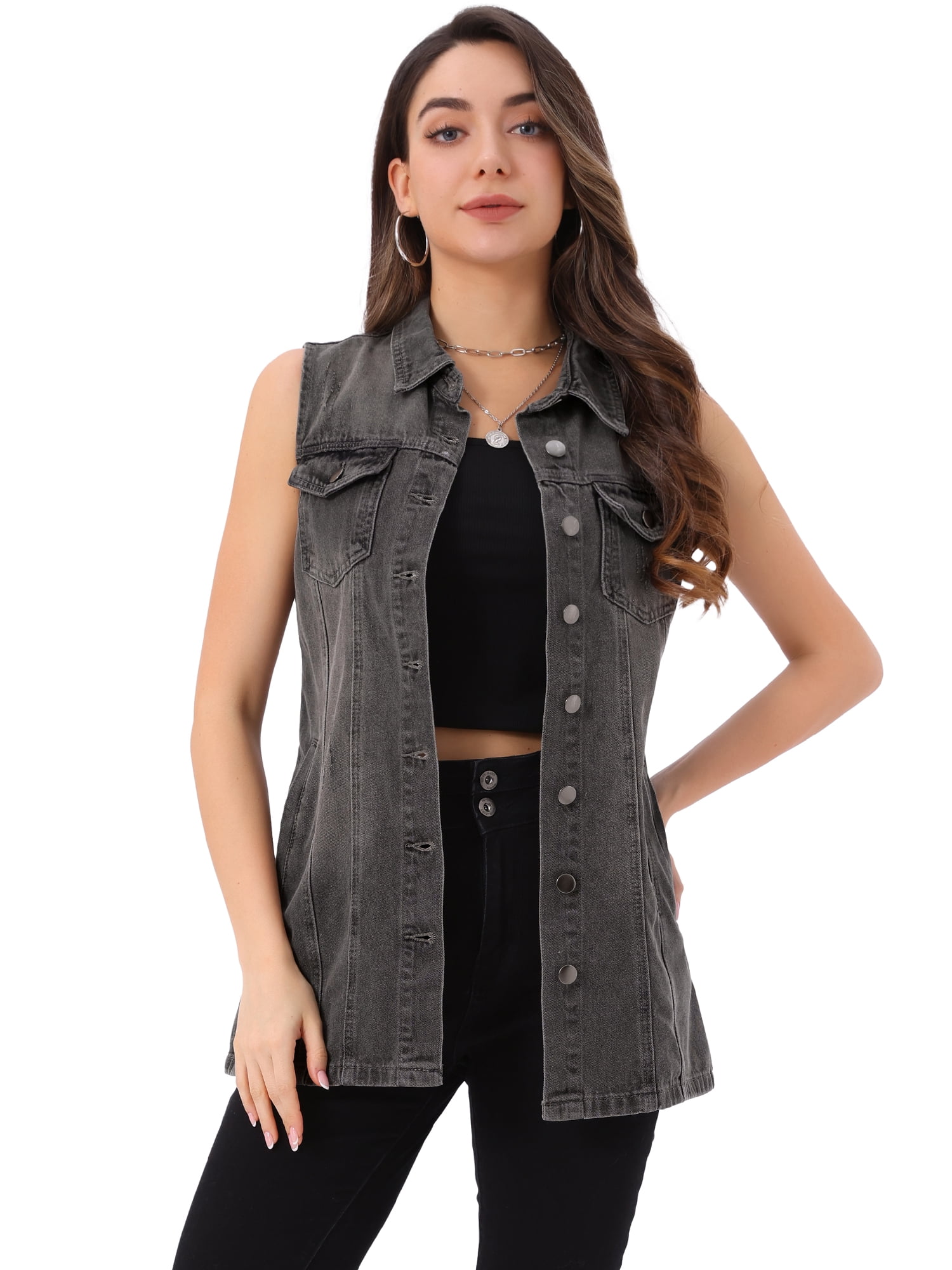 DARING DIVA Women's Button Down Sleeveless Pockets Mid-Long Denim Vest XS Grey