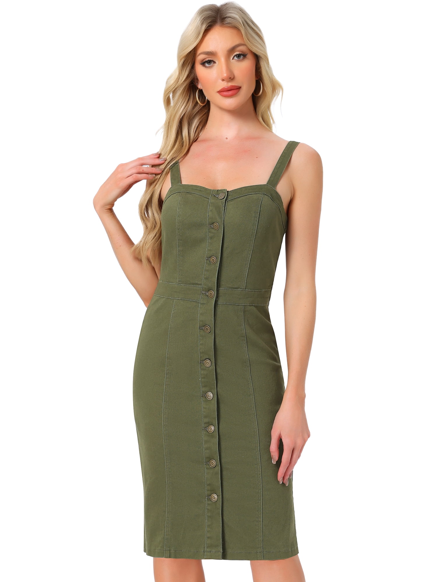 DARING DIVA Women's Button Down Sleeveless Sweetheart Neck Jean Dress S Dark Green