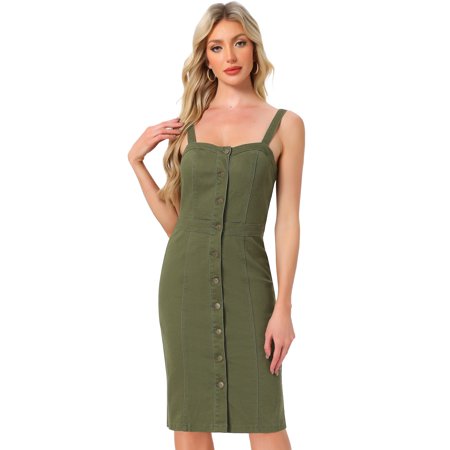 DARING DIVA Women's Button Down Sleeveless Sweetheart Neck Jean Dress S Dark Green