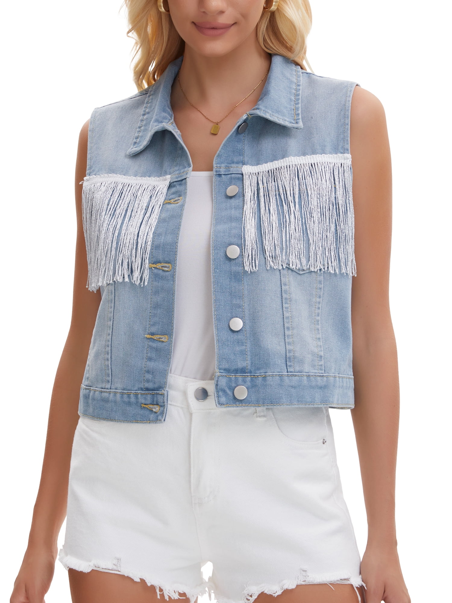 DARING DIVA Women's Button Down Sleeveless Tassel Trim Fringe Jean Vest S Light Blue