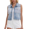 thumbnail image 1 of DARING DIVA Women's Button Down Sleeveless Tassel Trim Fringe Jean Vest S Light Blue, 1 of 8